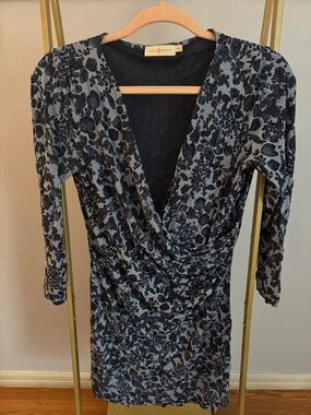 Tory Burch blue and navy Floral Long-Sleeve Wrap Dress